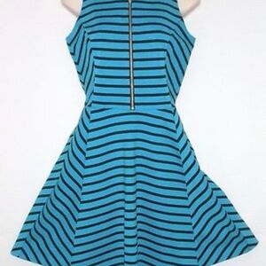 Michael Kors Turquoise and Black Striped Fit-and-Flare Mini Dress